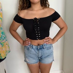 Forever 21 crop top off shoulder black NWOT sz M